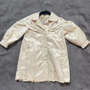 VTG F.W. Fischer‎ Outerwear Raincoat Cream Baby Embroidered Floral 2(S) Pleated